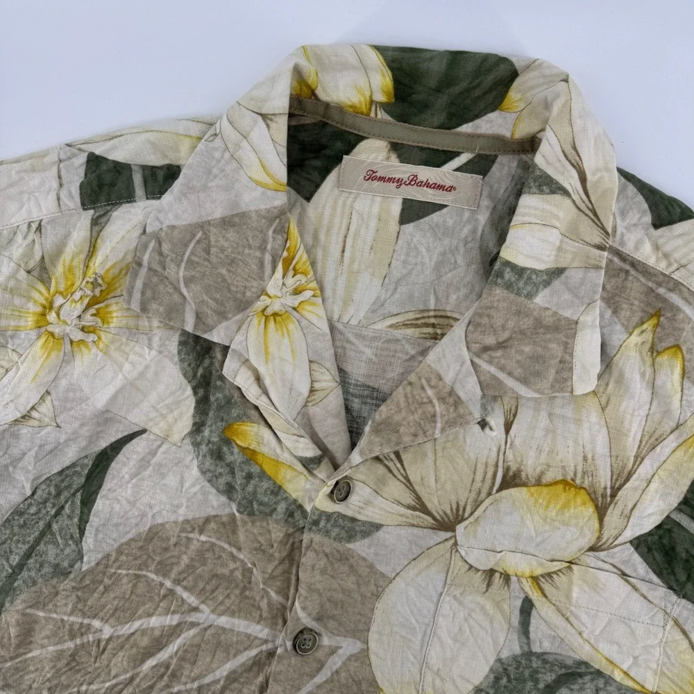 Tommy Bahama Silk Floral Shirt Men Large Green Tan Botanical Camp Aloha Hawaiian